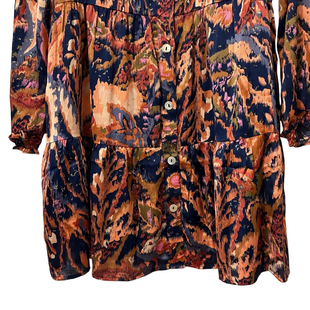 THML Navy Multicolor Metallic Print Ruffle Collar Button Down Mini Dress XS - Picture 6 of 8